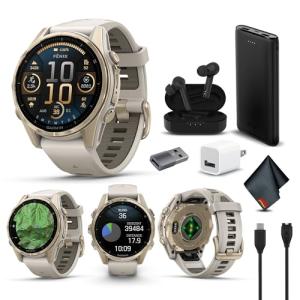 Garmin Fenix 8 43MM AMOLED Sapphire Premium Multisport GPS Smartwatch Soft Gold with Fog Gray/Sandstone Silicone Band, Built-in LED Flashlight Bundle with Accessories
