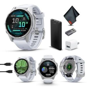 Garmin Fenix 8 43MM AMOLED Premium Multisport GPS Smartwatch Silver with Whitestone Silicone Band, Built-in LED Flashlight, Health & Fitness Smart Watch Bundle for Men & Women