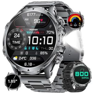 HIRREO FV15 Military Smart Watch for Men, 1.85'' HD Large Screen Smartwatch, Flashlight/5ATM Waterproof/800mAh/100+ Sports Fitness Tracker, Pedometer Mens Smart Watches for Android iOS Compatible