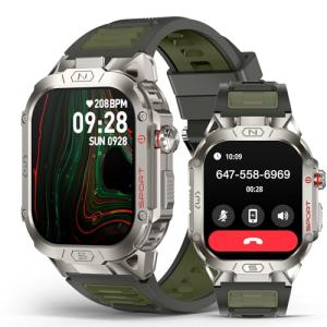 ZHUANLEMA Military Smart Watch for Men, 2.02" Outdoor Sport Smartwatch with Flashlight, Heart Rate Blood Oxygen Blood Pressure Sleep, 100+ Sport Modes Fitness Tracker Compatible Android and iOS Green