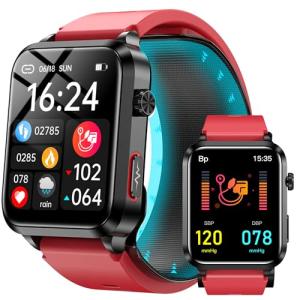 Yowow BIT Blood Pressure Smart Watch with Air Bag Air Cuff, 1.92" lPS Color Screen, 24/7 Heart Rate Blood Oxygen Sleep Respiration Rate Health Monitor Activity Tracker Familiy Data Sharing (Red)