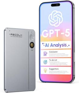 RECOLX AI Voice Recorder, App Control, Transcribe & Summarize with 71 Pro Templates, Deep AI Analysis, Record Anytime Anywhere for Meetings, Work, Lectures, 112 Languages,Grey
