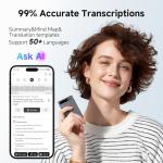 AI Voice Recorder, Note Voice Recorder with Transcribe＆Summarize, Two-Way Translation with APP, 50+ Languages, 64GB Memory, Recording Device Compact&Lightweight for Lectures, Meetings, Calls,Interview