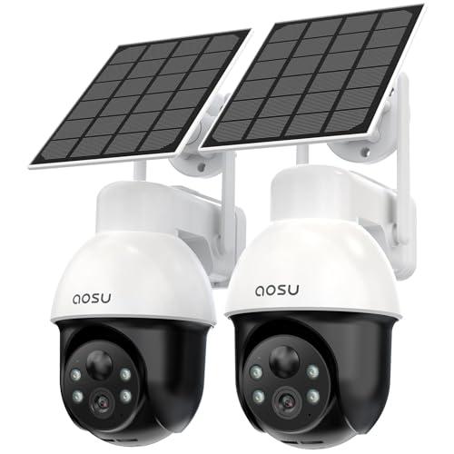 AOSU 3K/5MP Solar Security Cameras System Wireless Outdoor, Battery Powered WiFi Camera for Home Security, Panoramic PTZ, Auto Tracking, Human/Vehicle Detection, Color Night Vision (2 Pack)