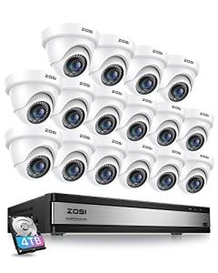 ZOSI H.265+ 1080p 16 Channel Security Camera System Indoor Outdoor, 16CH CCTV Surveillance DVR with AI Human Vehicle Detection and 16 x 1080p Dome Camera, 80ft Night Vision, 105° View Angle, 4TB HDD