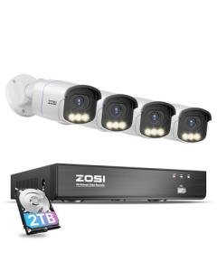 ZOSI 4K PoE Security Camera System,4pcs 4K C186 Aurora Lux Outdoor Indoor Wired Cameras,True Full Color Night Vision,Person Vehicle Detection,2 Way Audio,8MP 8CH NVR with 2TB HDD for 24/7 Recording