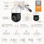 4K 8MP Auto Tracking PTZ PoE IP Camera with Optical 25x Motorized 5mm–125mm Lens,Human Vehicle Detection,AI Face Detection, 328ft IR Night Vision,Two-Way Talk,Perimeter Protection,SMD 4.0 Quick