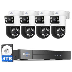[Dual Lens+Human Tracking] Hiseeu 4K PoE Security Camera System, 4 Pcs 6MP PoE PTZ Cameras, 300°Pan 90°Tilt,Color Night Vision, Motion Detect,2 Way Audio,Smart Playback,0 Fee, 3TB HDD, 7/24 Record