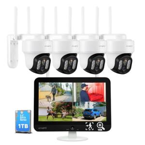 [WiFi 6 & 10X Zoom] XMARTO Wireless PTZ Security Camera System Outdoor with 10X Zoom and AI Auto Tracking, 2K HD Dual-Lens Cameras, 12" LCD Monitor NVR/DVR and 1TB HDD Included