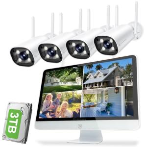 Cromorc Wireless Security Camera System with 16" IPS Monitor, AI Human Detection, Floodlight,Siren Alarm, 2-Way Audio,4PCS 5MP Camera,Expandable 16CH NVR,Home Business Surveillance,3TB HDD