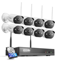ZOSI 8CH 2K Wi-Fi 6 Security Camera System,8x 3MP Plug-in WiFi Outdoor Cameras,Spotlight Color Night Vision,AI Person Detection,2 Way Audio,8MP 4K 8Channel NVR with 2TB Hard Drive for 24/7 Recording