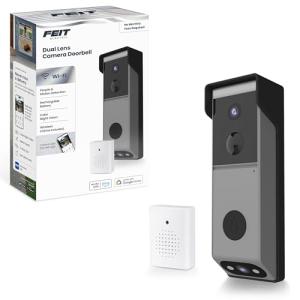 Feit Electric Smart Wireless Doorbell w/Dual-Lens 1080p HD Camera, 24/7 Local Recording, Night Vision, Voice Assistant, AI Detection for People & Packages, Includes Wireless Chime, CAM2/DOOR/WIFI/BAT