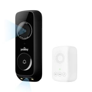 youkey Wireless Doorbell Camera with Chime, No Monthly Fee, 2K Video Doorbell with Dual Cam, AI + Radar + PIR Detection, 2.4/5GHz WiFi-6, Two-way Talk, Color Night Vision, Battery/Wired Powered, DB312
