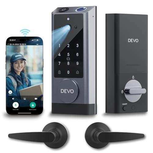 Devo G1 Video Smart Lock with Camera&Doorbell, 6-in-1 Keyless Entry Door Lock Deadbolt with Handle Set, App Remote, Fingerprint ID, Auto Locks, Built-in Wi-Fi Smart Deadbolt for Front Door