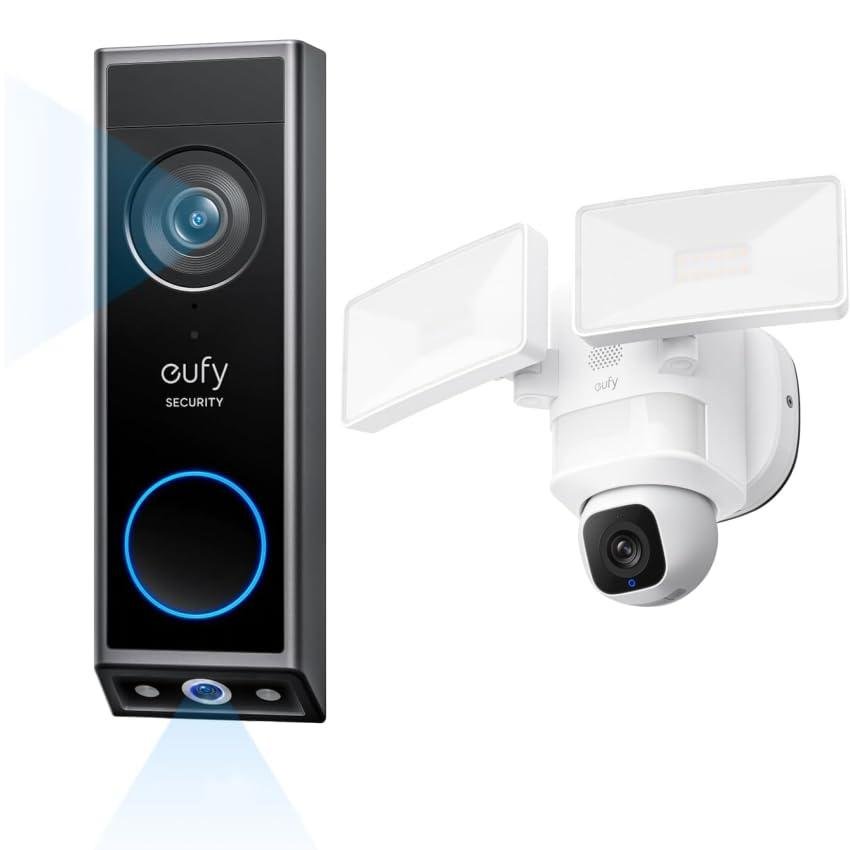 eufy Security Floodlight Camera E30 with Video Doorbell E340 (Battery Powered), 360° Pan and Tilt, AI Detection and Tracking, 2K Video, 2.4GHz Wi-Fi, Custom Voice and Light Alerts, 24/7 Recording