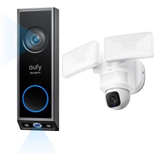 eufy Security Floodlight Camera E30 with Video Doorbell E340 (Battery Powered), 360° Pan and Tilt, AI Detection and Tracking, 2K Video, 2.4GHz Wi-Fi, Custom Voice and Light Alerts, 24/7 Recording