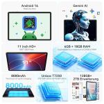 Android 16 Tablet,11 Inch Tablet with 24GB RAM 128GB ROM,Octa-Core T7250 Processor,90Hz Display,8000mAh Battery with Fast Charging & OTG Reverse Charge,Gemini AI Tablets,Smart Camera,4-Year Warranty