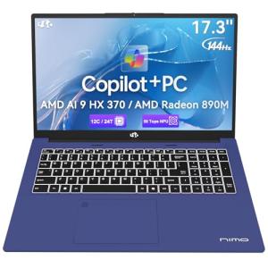 NIMO 17.3" AI Laptop, AMD Ryzen AI 9 HX 370(50 Tops NPU), Radeon 890M, 32GB RAM 1TB SSD, DDR5, 144Hz, PD 100W USB-C 4.0, Copilot+ PC AI Laptop with Wi-Fi 6E for Working Business Student
