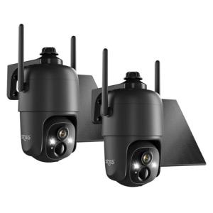 Dzees Solar Security Cameras Wireless Outdoor, 2K Battery Powered Security Camera, 360° PTZ Camera with Spotlight, Siren, Color Night Vision, AI Dectection, IP66 for Home Security, 2.4GHz 2-Pack