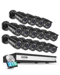 ZOSI 3K Lite 16CH Security Camera System Indoor Outdoor,AI Human/Vehicle Detection,16pcs 1080P 2MP Surveillance Bullet Cameras,Night Vision,16 Channel H.265+ 1080p DVR with 2TB HDD for 24/7 Recording
