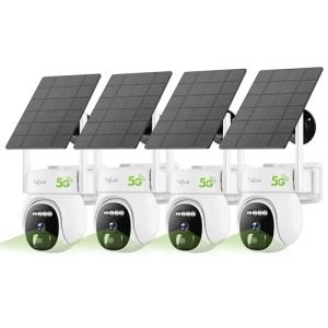 TIEJUS 2.4G/5G Security Cameras Wireless Outdoor, 2K Solar Camera for Home Security, Battery Powered, 360° PTZ/Color Night Vision/2Way Talk/Compatible with Alexa/IP66 Waterproof(4 Pack)