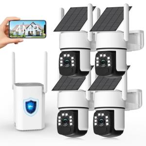 Solar Security Cameras Wireless Outdoor, 4 Cam-Kit, 4MP Home Security System with Color Night Vision, 2.4G & 5G WiFi, 360° Pan & Tilt, 64GB Local Storage, No Subscription, Motion Detection, Spotlight