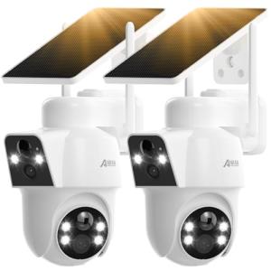ANRAN 2 Pack Dual-Lens Solar Security Camera Wireless Outdoor - 3MP Fixed Wide-Angle + PTZ 360° View, Home Security Camera with Color Night Vision, 2-Way Talk, PIR Motion Detection, 100% Wire-Free