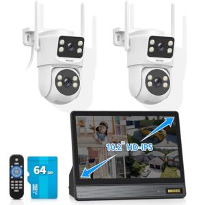 OOSSXX (10” IPS UHD Monitor) 2-Way Audio & Auto Tracking PTZ Camera with Dual Lens, 2.5K Cameras for Home Security System Wireless WiFi 2.4G/5G, DVR Kits