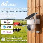 4G LTE Cellular Security Camera Outdoor Wireless, 365-Day Free Unlimited Data No WiFi Solar Powered Security Camera, 2K 360° Color Night Vision, PIR Motion Detection, 2 Way Talk, Built-in VSIM