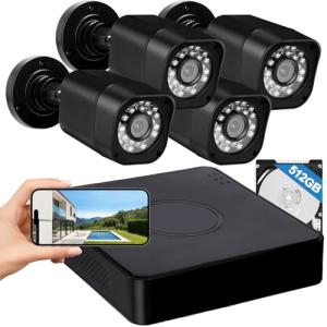 4CH 1080P Wired Security Camera System, AIWIXEN CCTV DVR with 512GB Hard Drive, 4 x Home Surveillance IP68 Waterproof Security Cameras with Human Vehicle Detection, Remote Access, 24-7 Recording