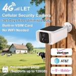 4G LTE Cellular Security Camera Outdoor Wireless, 365-Day Free Unlimited Data No WiFi Solar Powered Security Camera, 2K Color Night Vision, PIR Motion Detection, 2 Way Talk, Built-in SIM, 64GB SD Card