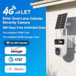 4G LTE Cellular Security Dual Lens Cameras Outdoor, Wireless Solar Security Camera, 365-Day Free Unlimited Data, 2K 360°Live View, PIR Motion Sensor, Color Night Vision, 2 Way Talk, Built-in SIM