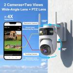 4G LTE Cellular Security Dual Lens Cameras Outdoor, Wireless Solar Security Camera, 365-Day Free Unlimited Data, 2K 360°Live View, PIR Motion Sensor, Color Night Vision, 2 Way Talk, Built-in SIM