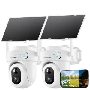 ZUMIMALL 9W Solar Security Cameras Wireless Outdoor, AOV 24/7 Recording Cameras for Home Security, 360° View, 2K Color Night Vision, 2-Way Talk, 2.4GHz WiFi, Auto Tracking, SD/Cloud/Alexa/AI (2-Pack)