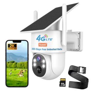 Kweiugfi 4G LTE Cellular Security Camera Outdoor,365 Days Free Unlimited Data,No WiFi Security Camera Solar Powered,360°Viewing,2K Color Night Vision,Tuya Smart Camera,PIR Motion Sensor,64GB Storage