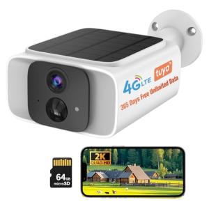 4G LTE Solar Cellular Security Camera Outdoor Wireless, No WiFi Security Camera, 365-Day Free Unlimited Data, PIR Motion Sensor, 2K Color Night Vision, 2 Way Talk, Built-in SIM & 64GB SD Card Included