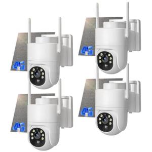 4G LTE Cellular Security Camera, No WiFi Solar Powered Security Camera, Auto Tracking, Color Night Vision, Motion Detection, 2 Way Audio, Built in SIM Card, Support Verizon/AT&T/T-Mobile(4 Pack)