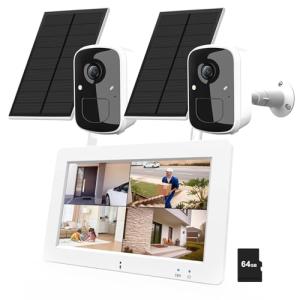 HXVIEW Wireless Security Camera System with 7" Touchscreen Monitor, 2PCS 4MP WiFi Solar Powered Camera Outdoor, PIR Human Detection, 2-Way Audio, Color Night Vision, Pre-Installed 64GB SD Card