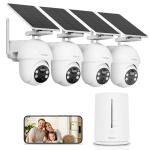 Solar Security Cameras Wireless Outdoor 4-Cam Kit 2K/3MP Cameras for Home Security with 64GB SD Card 360° Auto Tracking Color Night Vision Cam-to-Cam Sync 2.4/5Ghz WiFi No Subscription Siren Alarm