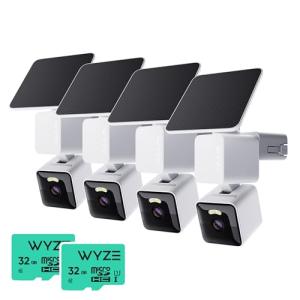 Bundle of 4 Pack WYZE Solar Cam Pan and 2 Pack of Wyze Expandable Storage 32GB MicroSDHC Card, Security Cameras Wireless Outdoor, 2K HD 360° Pan-Tilt Battery Powered 2.4GHz Wi-Fi Cameras