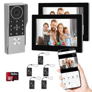 2-Wired key pad Video Intercom System with keypad,doorbell with monitor Dual 7'' Touch Screen, 1080P HD Camera, Passcodes Unlock, Night Vision, Tuya app, Waterproof, for Front Gate Apartment Home
