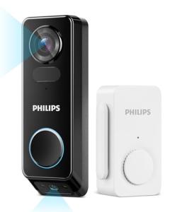 Philips Security Video Doorbell Camera (Chime Included), No Monthly Fee, Dual Cameras 2K FHD with Motion Detection, 2-Way Audio, Supports Alexa & Google Assistant, Battery/Wired Powered