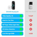 Swann Buddy4K UHD Wireless Video Doorbell & Chime | No Monthly Fee | Ultra-Wide 165° View | Smart Analytics | 2-Way Audio | Night Vision | Easy Installation | Indoor & Outdoor Surveillance | 4KBUDDY