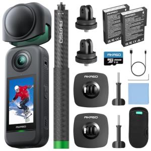 AKASO 360 Action Camera - 5.7K 360 Video with 1/2" 48MP Sensors, 72MP 360 Photo, 360-SuperSmooth, Invisible Selfie Stick, 360° Horizon Lock, AI Tracking Snow Adventure Combo with 256GB MicroSD Card