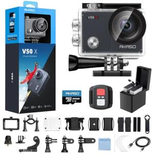 AKASO V50X Native 4K30fps WiFi Action Camera with EIS Touch Screen 4X Zoom 131 feet Waterproof Camera Support External Mic Remote Control with Helmet Accessories (with 256GB MicroSD Card)