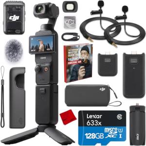 DJI Osmo Pocket 3 Creator Combo Vlogging Camera with Mic 2, 1'' CMOS, 4K/120fps Video, 3-Axis Stabilization, Face/Object Tracking, Fast Focus Bundle with Deco Essentials 2 Lapel Microphones + Kit