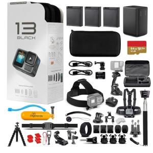 GoPro HERO13 Black Extended Power Bundle 5.3K60 Action Camera | Ideal for Adventure, Vlogging + 2 Extra Enduro Battery + Dual-Battery Charger Hub + Carry Case + 50-in-1 Accessory Kit