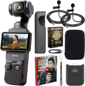 DJI CP.OS.00000301.01 Osmo Pocket 3 4K 120fps Handheld 3-Axis Gimbal Stabilizer Bundle with CPS 26 Month Protection Pack, 2X Clip-On Mini Lapel Mic, 10" Case, HDMI Cable and Deco Gear Master Guide
