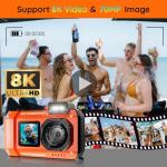 8K Underwater Camera - MaxMango 70MP 33FT Waterproof Camera with 64G Card - Underwater Digital Camera for Snorkeling Floatable Dual-Screen Selfie 2500mAh Battery Point and Shoot Digital (Orange)