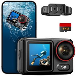 ODDV 5K30FPS Waterproof Action Camera with 64GB Card, IPX7 & 34FT Underwater Cameras, EIS 2.0 Stabilization, 2.4" Touch Screen, 2x1350mAh Batteries for Diving, Cycling, Outdoor Sports (Black)
